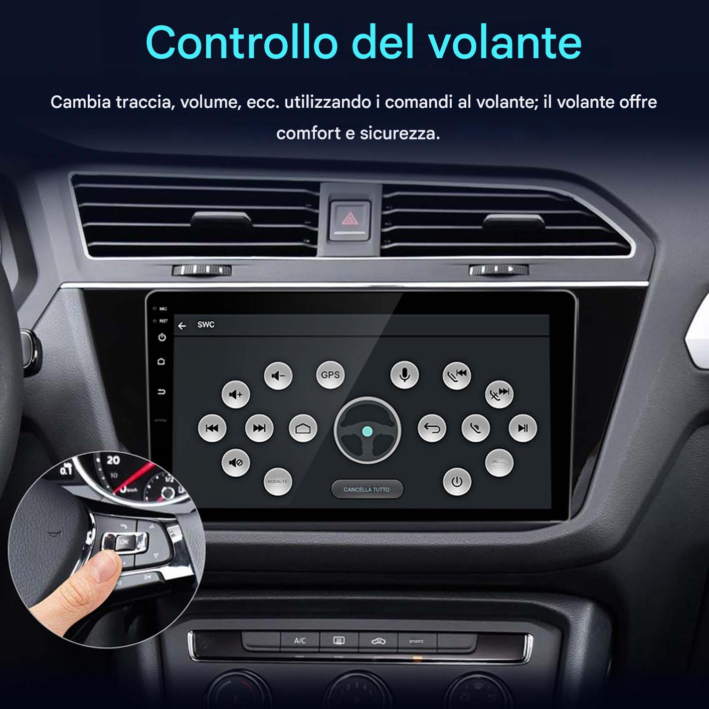 Un dito preme OK su un pannello di controllo al volante mostrato su un touchscreen.