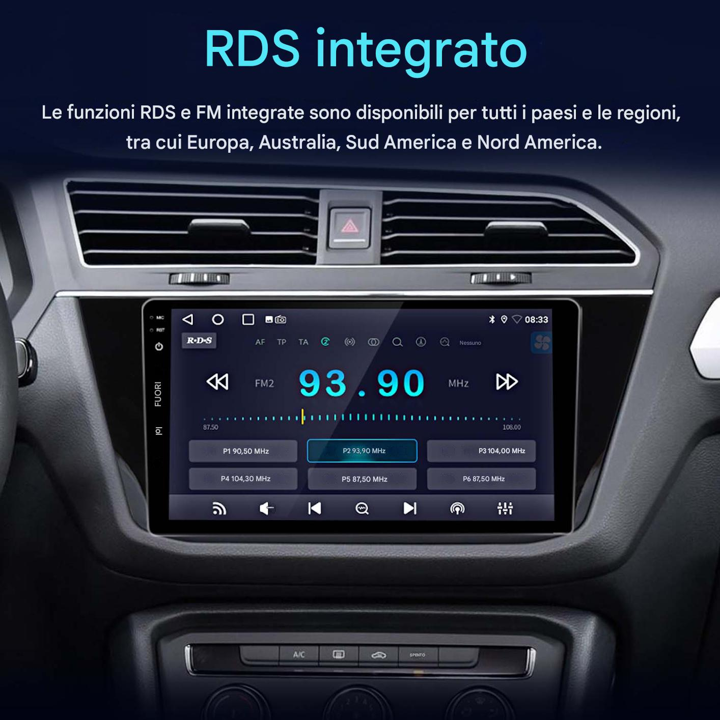 Schermo autoradio mostra RDS integrato e funzioni FM2 a 93,90 MHz.