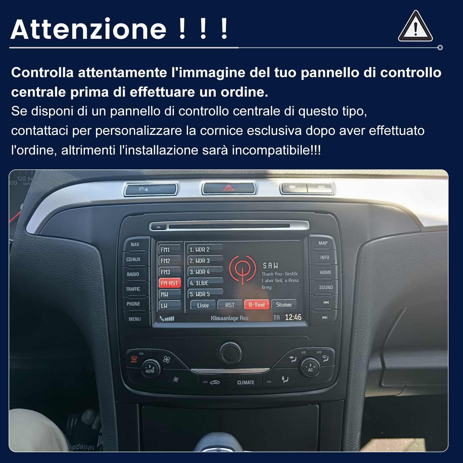 Cruscotto auto con display radio che mostra la stazione 'SAW' e l'ora 12:46.