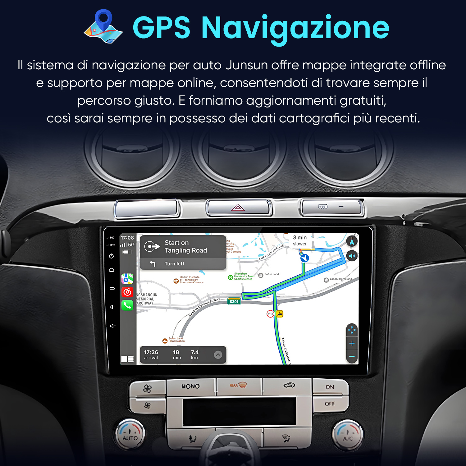 Schermo navigatore GPS auto mostra mappa con percorso e info traffico.
