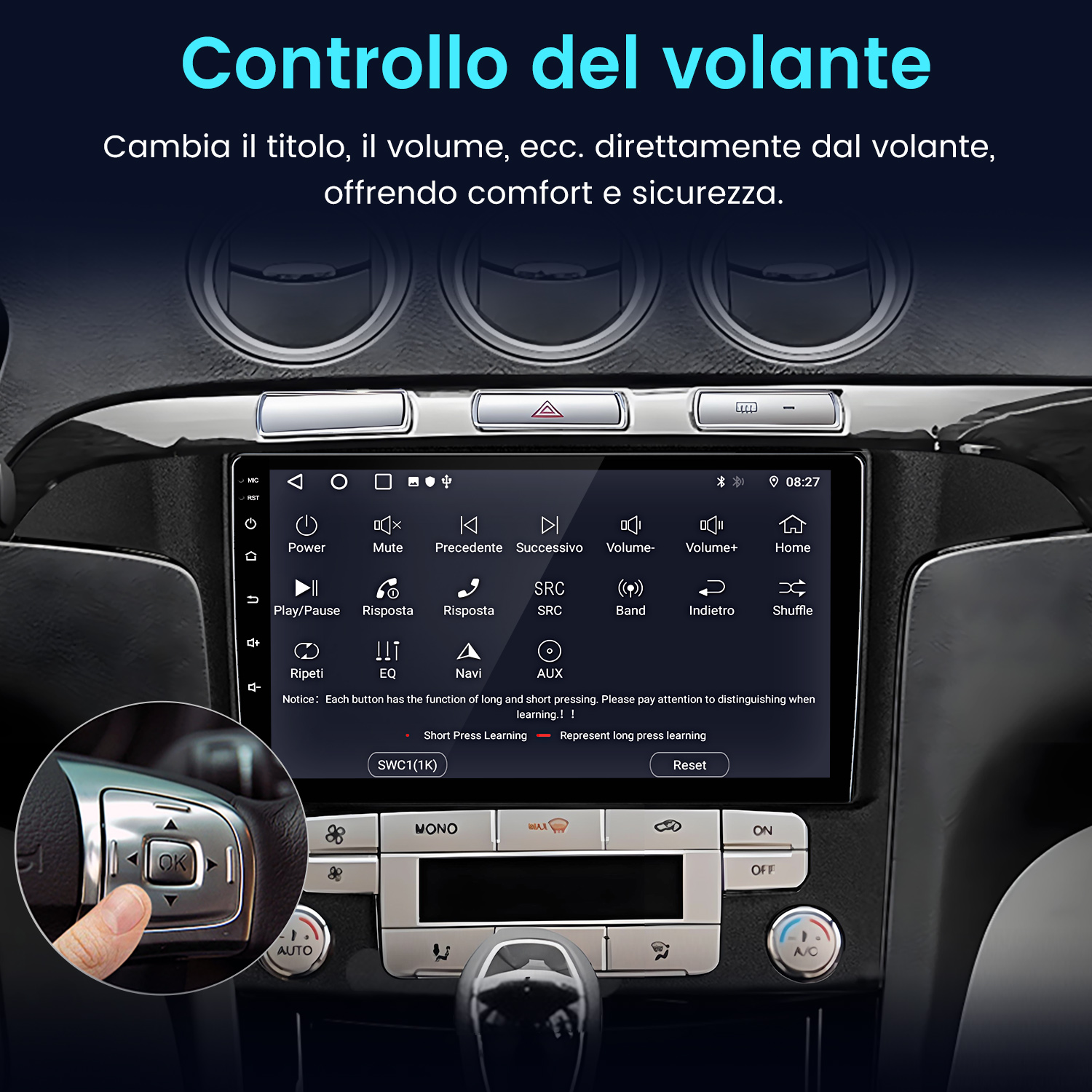 Primo piano del volante di un'auto e dei controlli touchscreen.