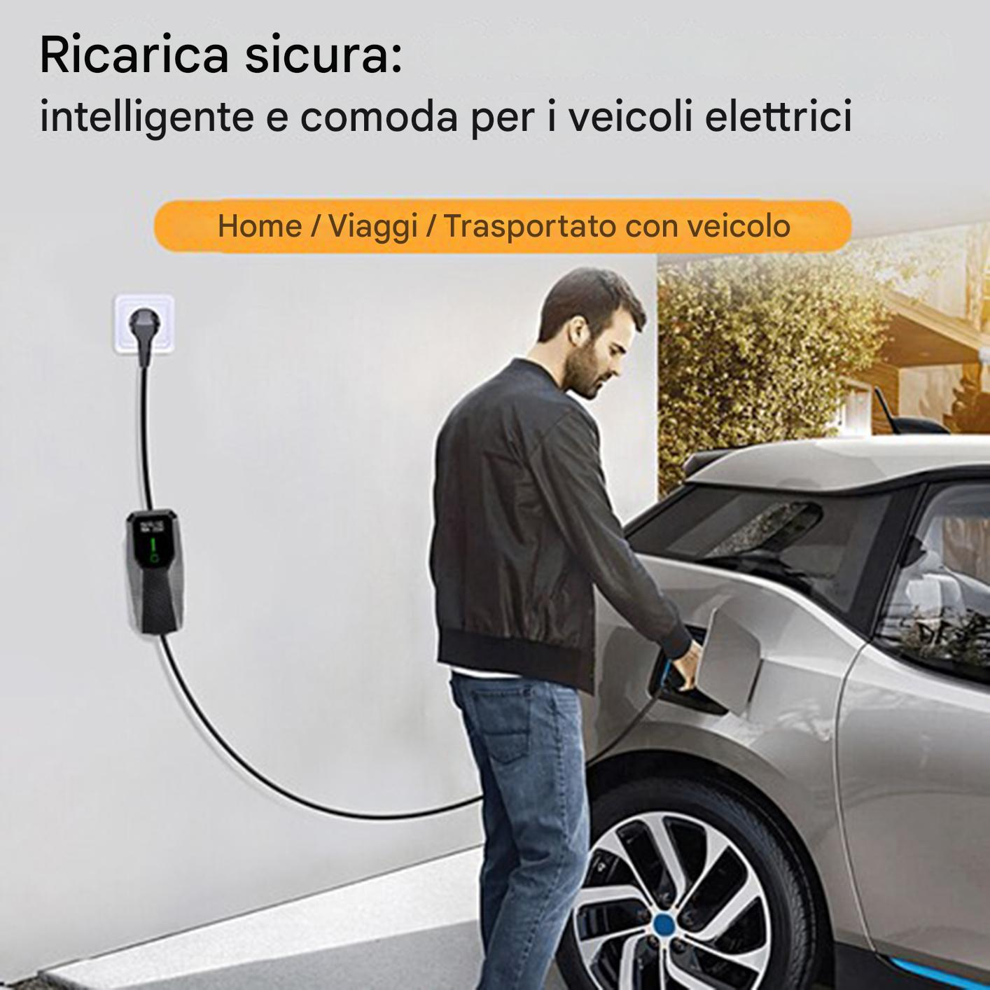 Uomo ricarica auto elettrica a casa. Caricatore a muro collegato all'auto.