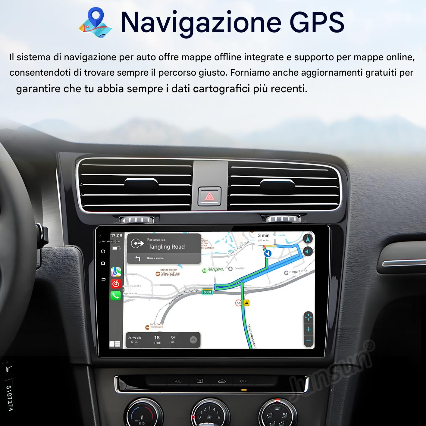 L'immagine mostra il cruscotto di un'auto con un sistema di navigazione GPS che visualizza una mappa.