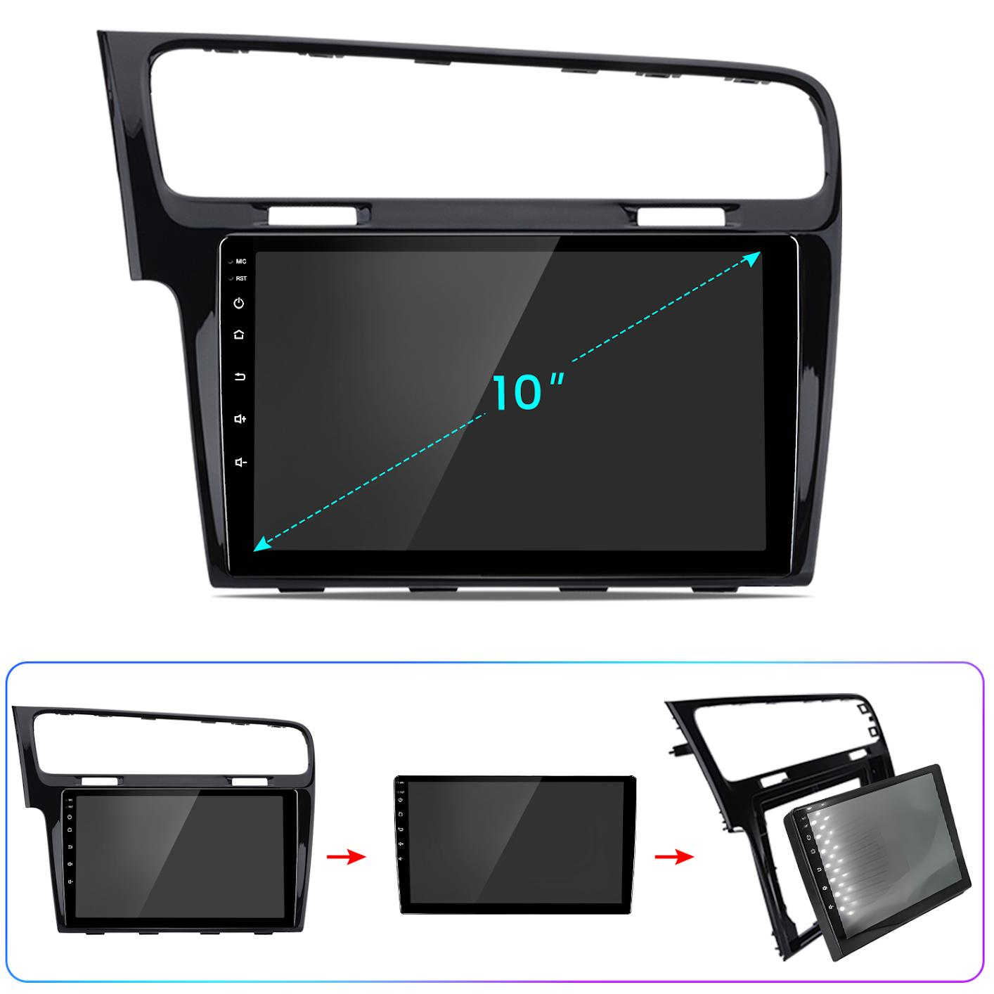Uno schermo di infotainment da 10 pollici con cornice nera e pulsanti.