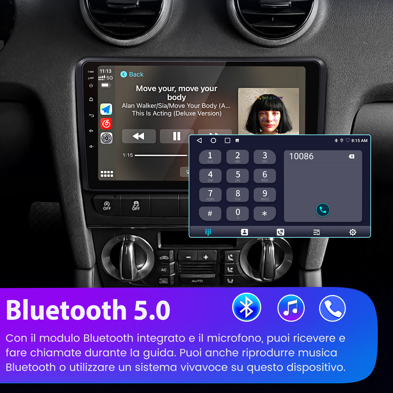 Lo schermo di un autoradio mostra informazioni sulla canzone, una tastiera e l'interno dell'auto.
