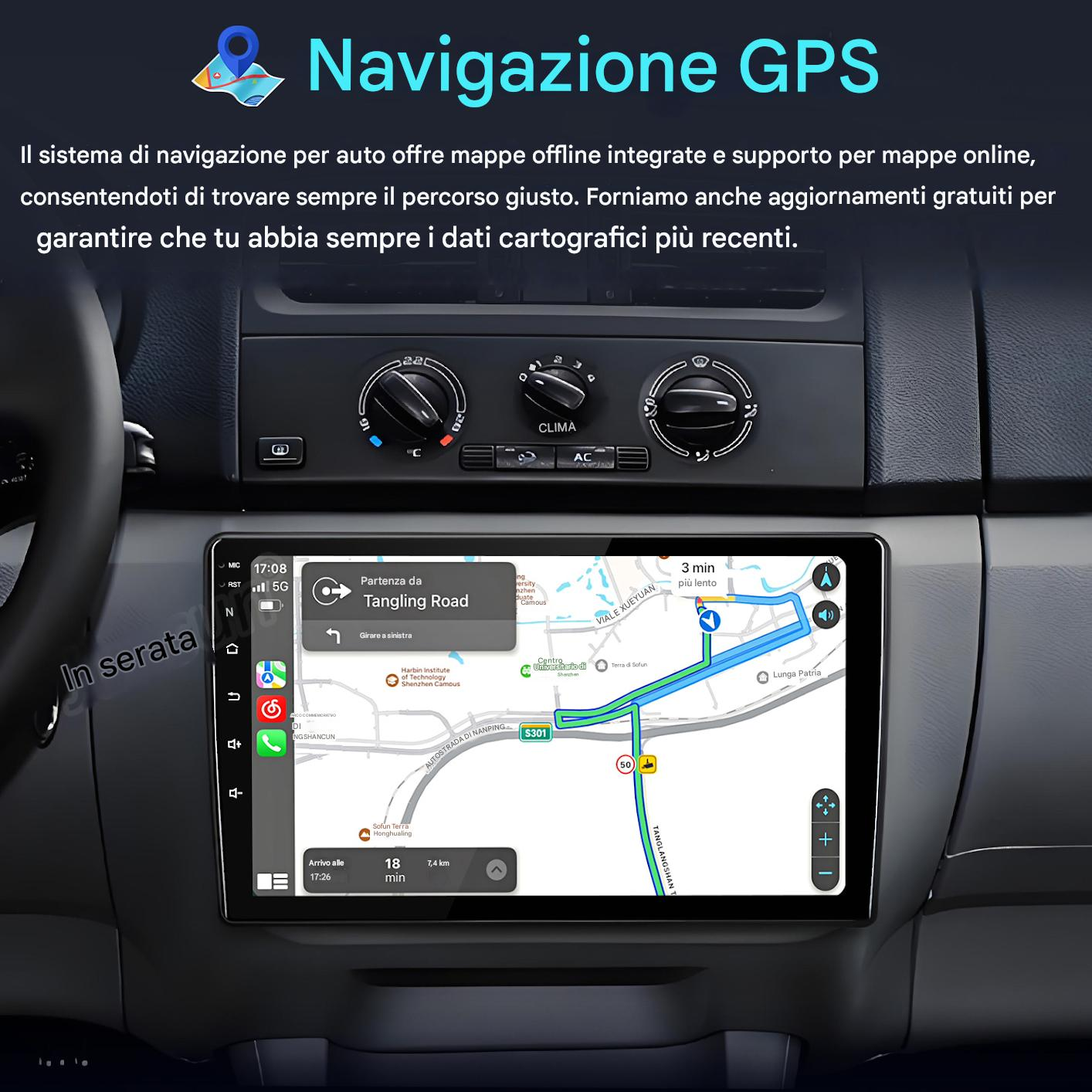 Un sistema di navigazione per auto mostra una mappa con percorso e info.
