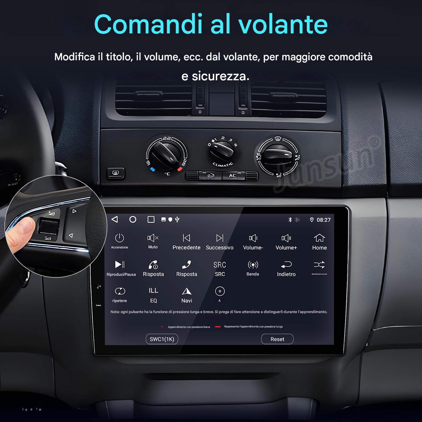 Un dito preme un pulsante sul volante. L'autoradio mostra i comandi di controllo.