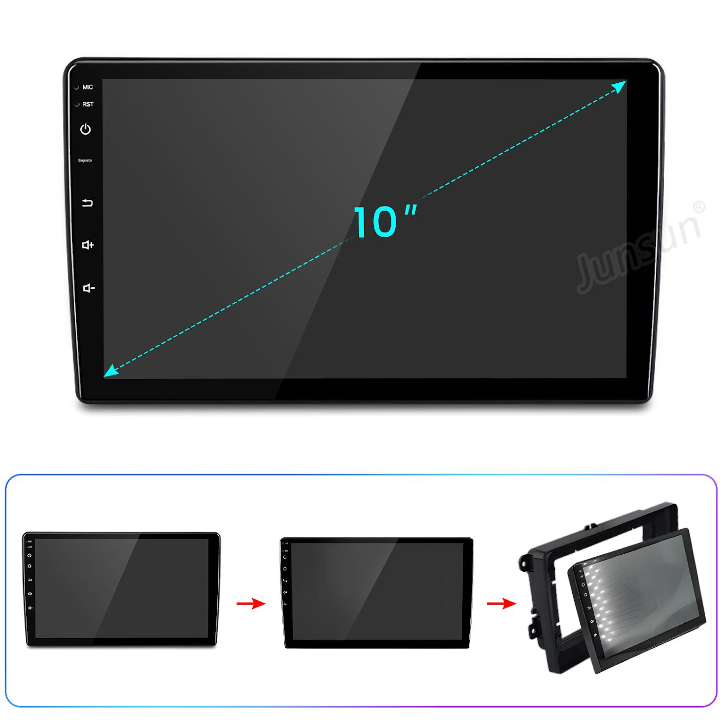 Un display stereo per auto da 10 pollici con pulsanti. Sotto, tre immagini mostrano i passaggi.