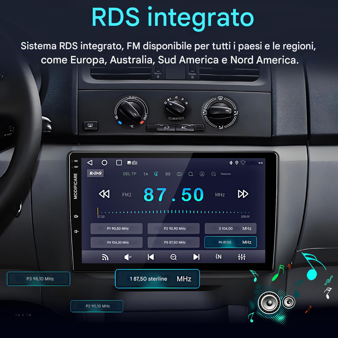 Schermo autoradio mostra 87,50 MHz FM. Pulsanti con frequenze e note musicali sono visibili.
