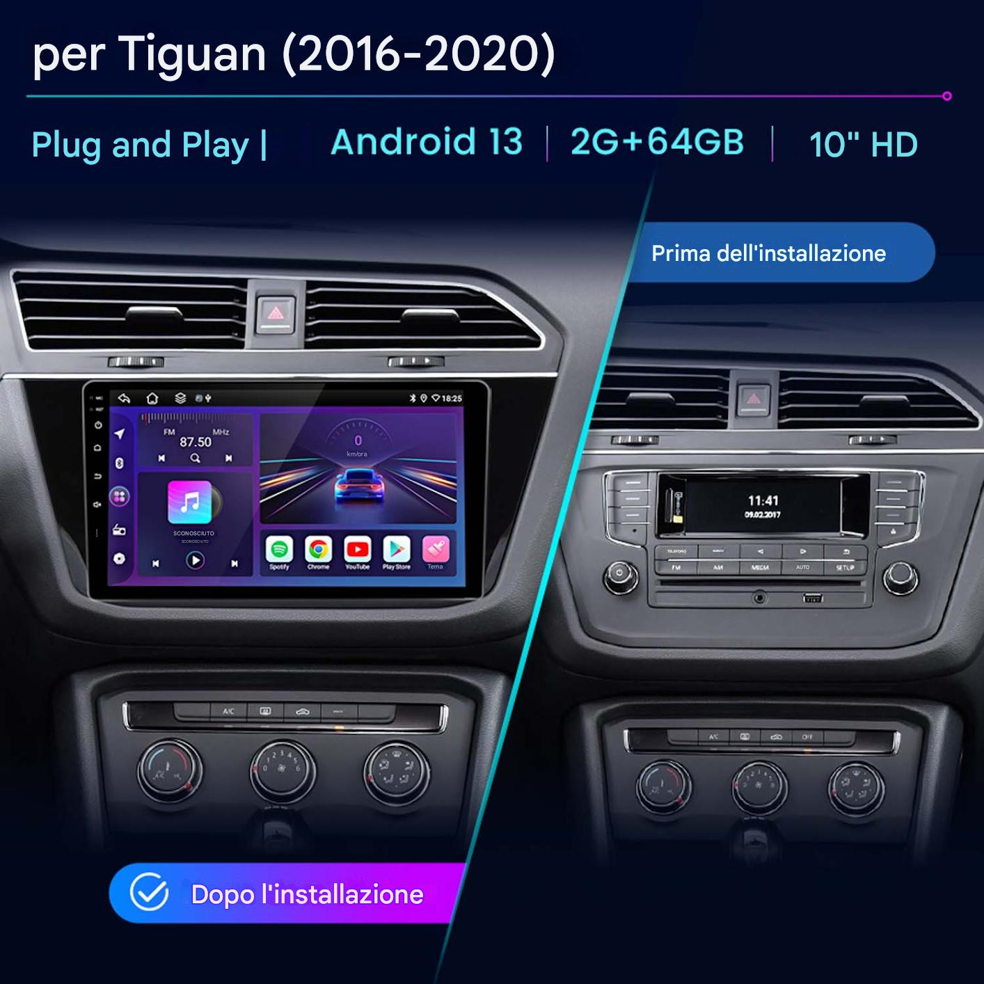 Cruscotto Tiguan (2016-2020) confronto: prima e dopo installazione unità Android 13 HD.