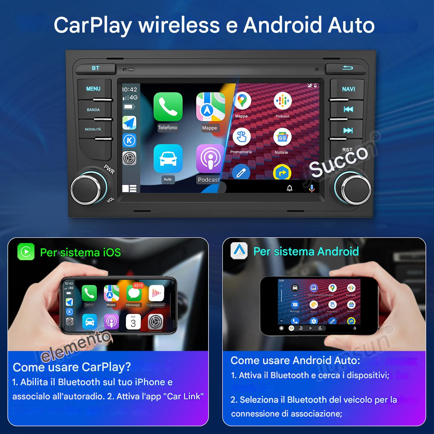 Autoradio con CarPlay/Android Auto, accanto a due telefoni con interfacce iOS e Android.