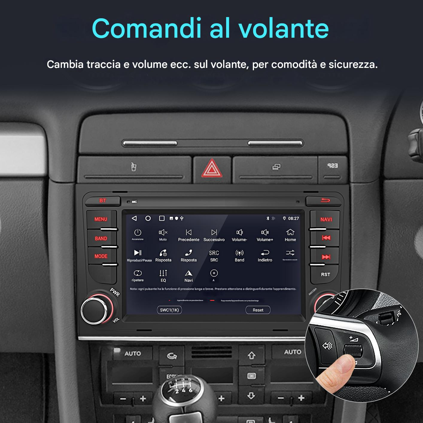 Sistema di infotainment per auto con pulsanti di navigazione e controllo multimediale e manopola volume.