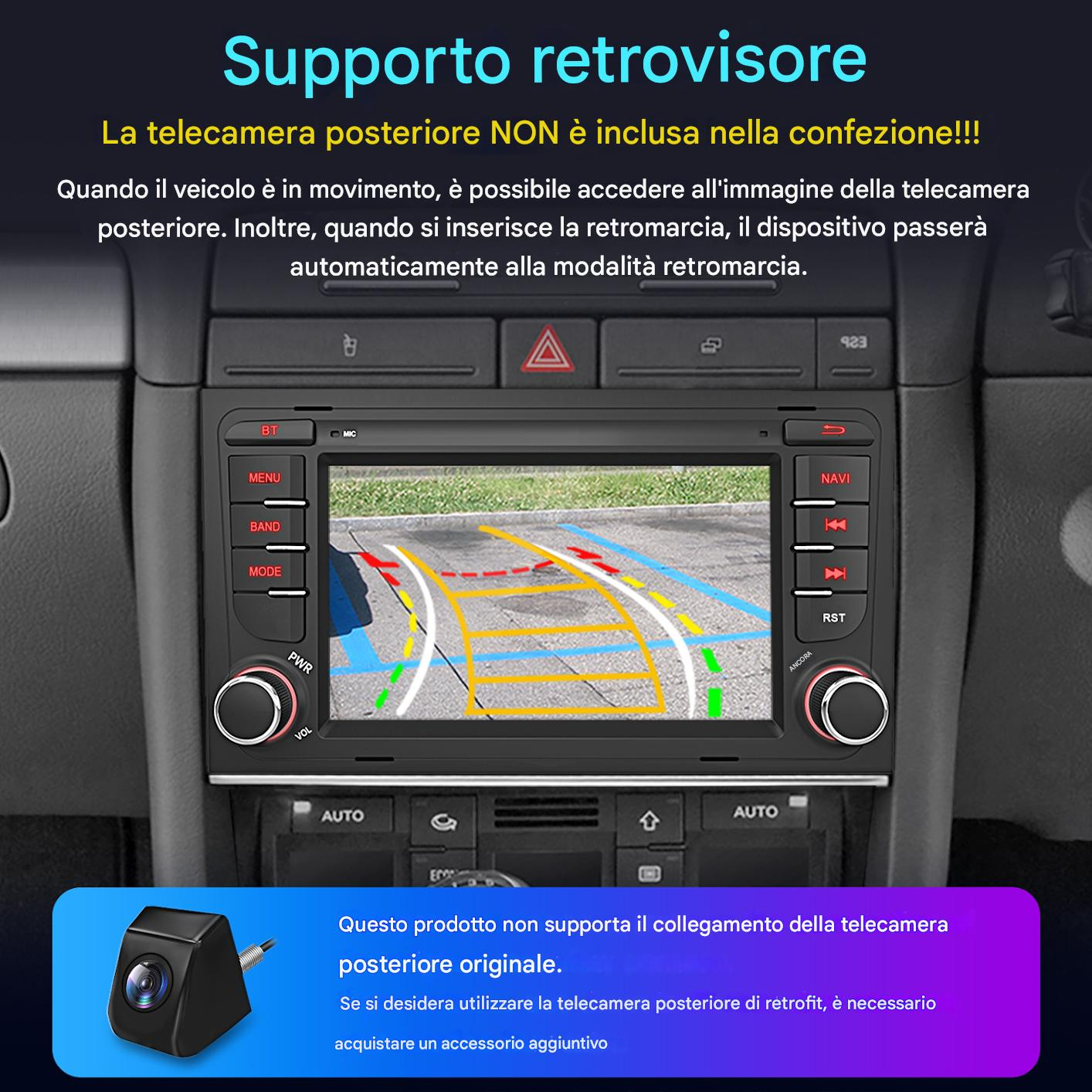 Interno auto con immagine telecamera posteriore su schermo.