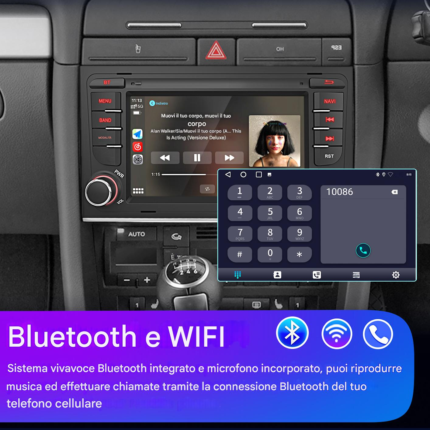 Un sistema di infotainment per auto mostra musica e un tastierino con tasto di chiamata.