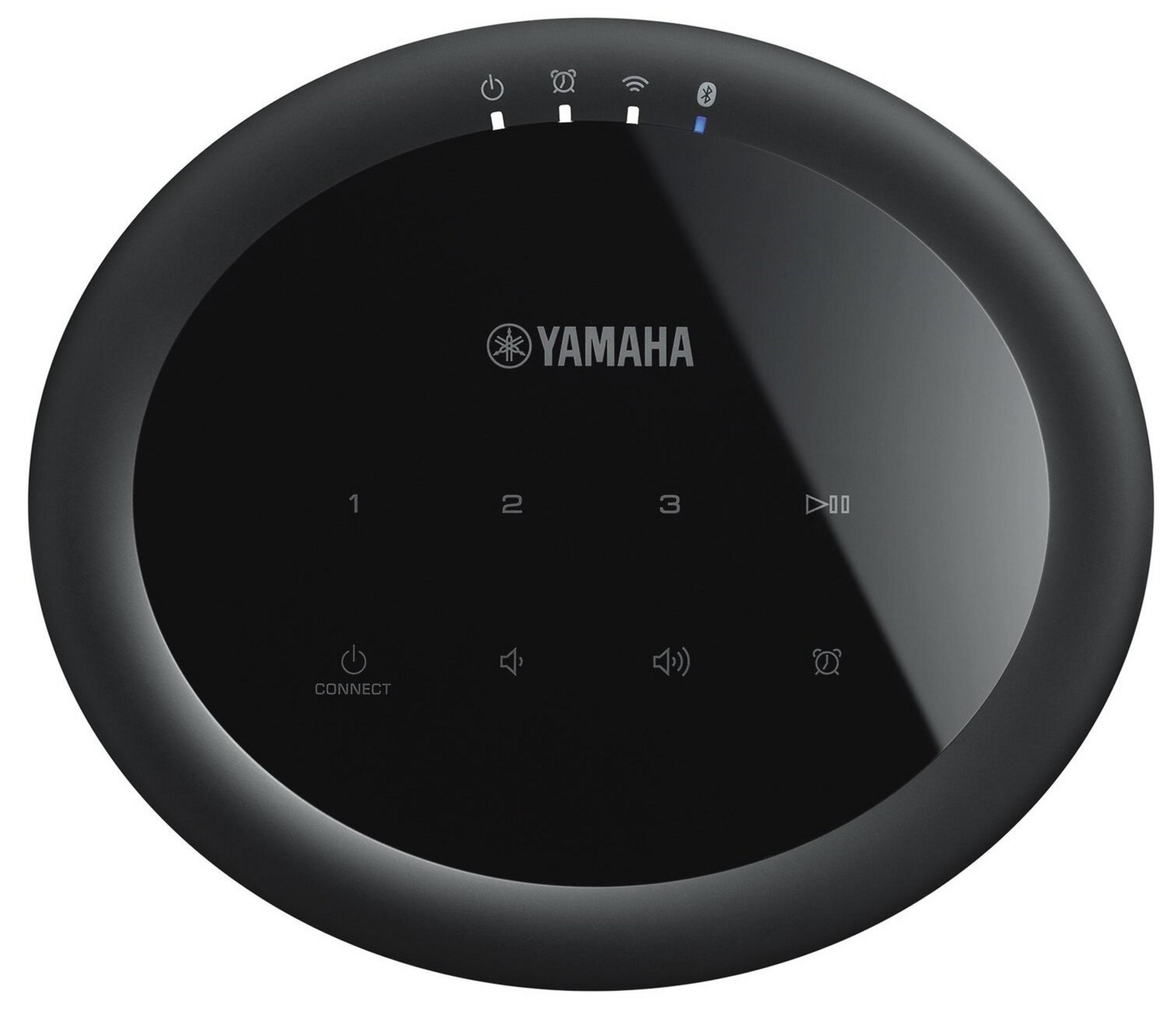 Une enceinte Yamaha noire avec commandes tactiles et icônes pour alimentation, alarme, Wi-Fi et Bluetooth.