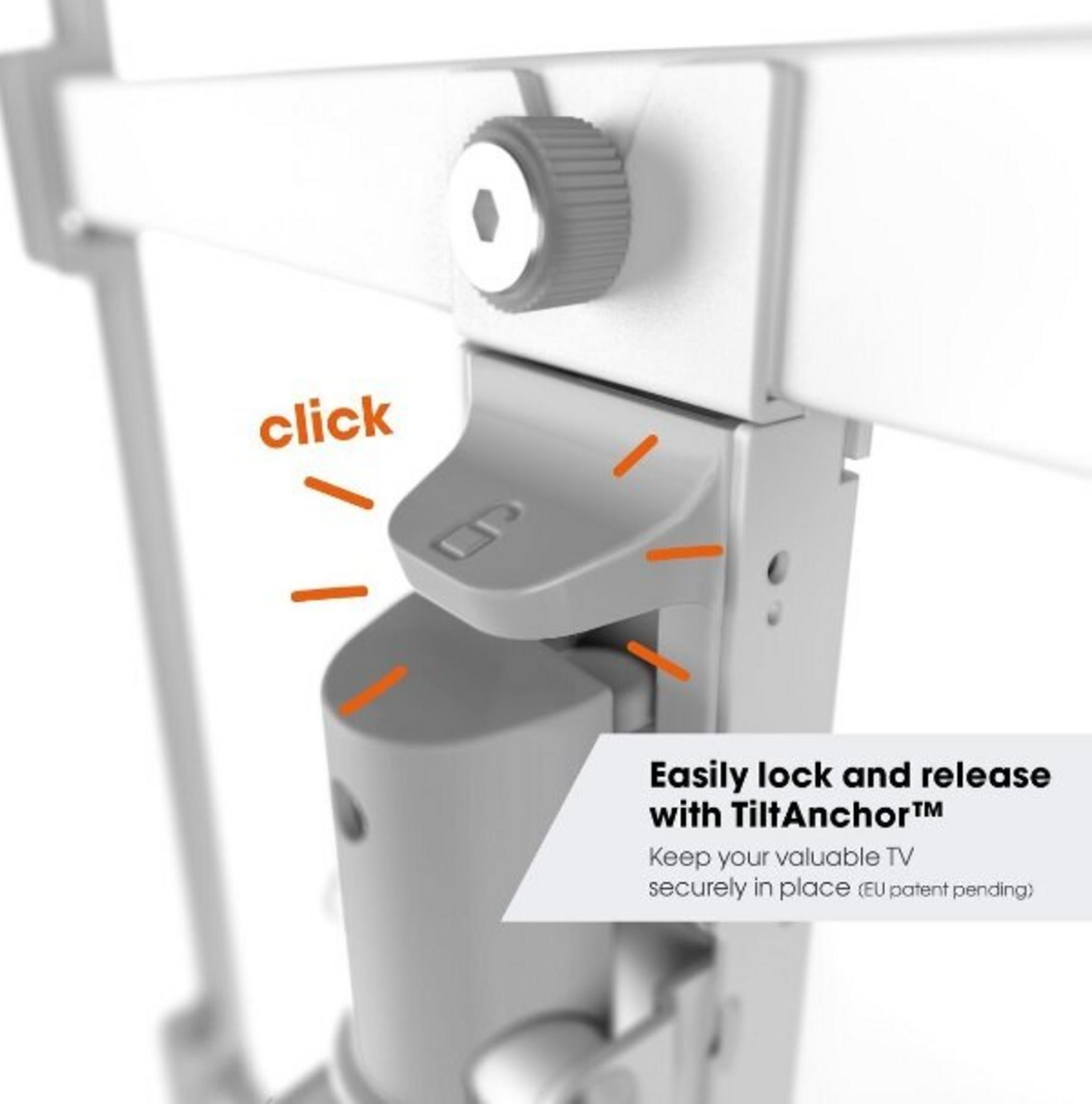 Szary mechanizm TiltAnchor z oznaczeniem 'klik'. Do zabezpieczania telewizorów.