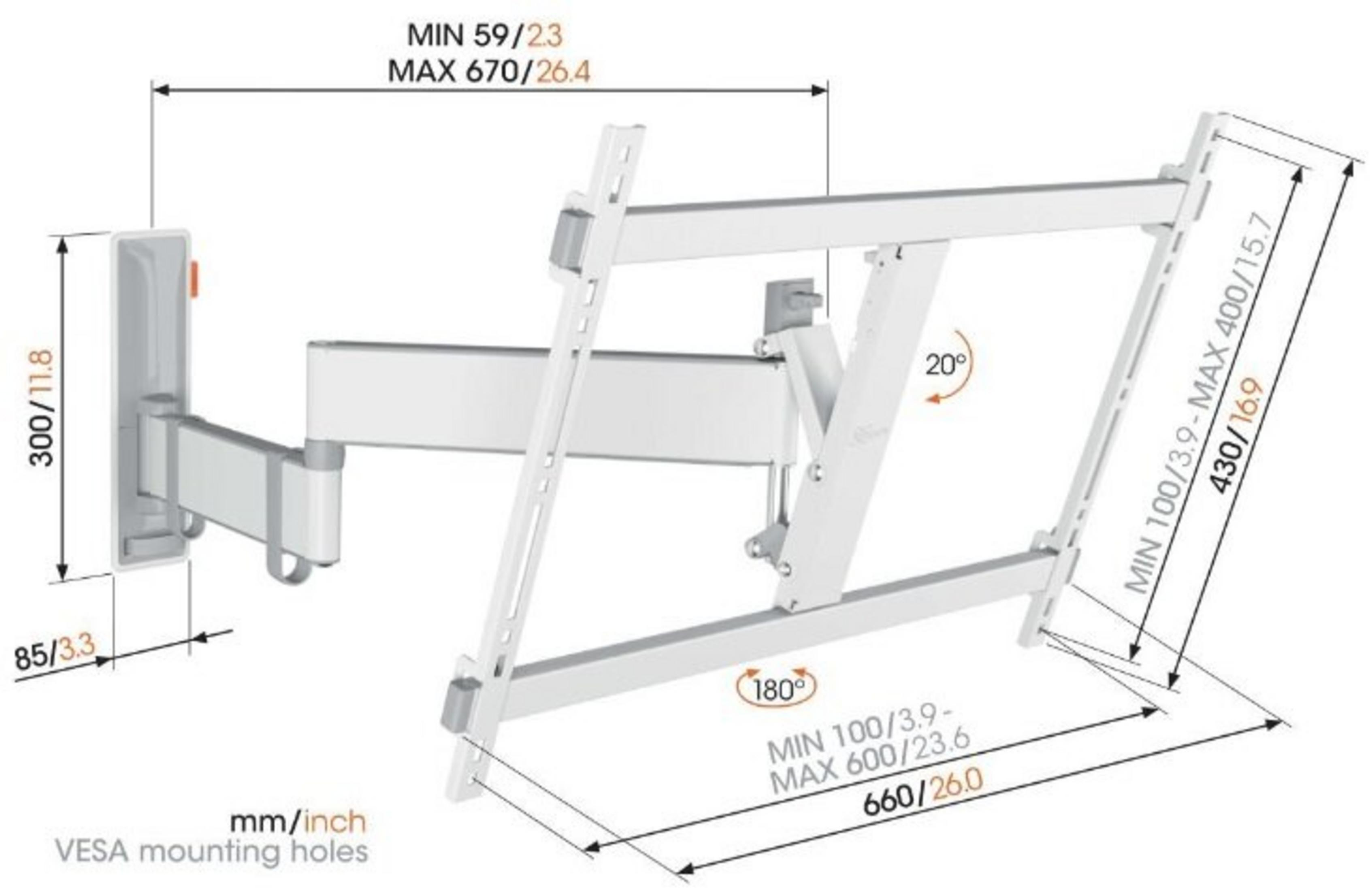 Biały uchwyt ścienny do telewizora z otworami montażowymi VESA i etykietami.