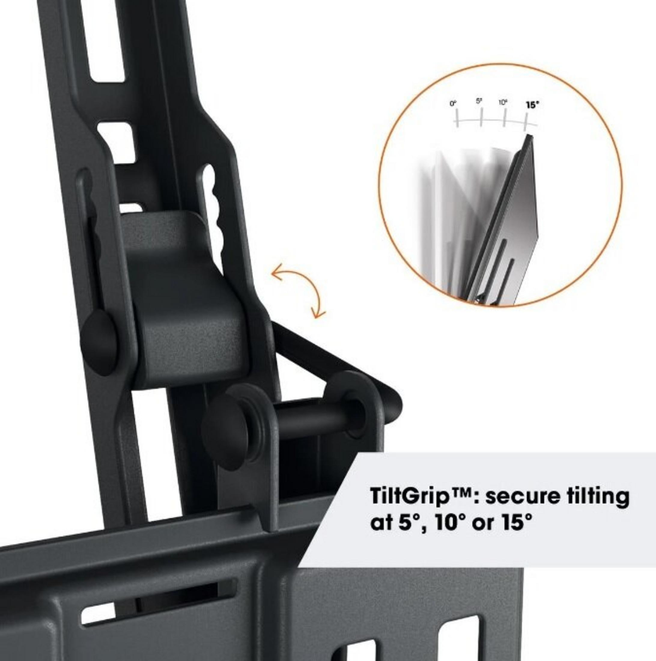 Czarny uchwyt TV szczegół z TiltGrip do nachylenia 5°, 10°, 15°.