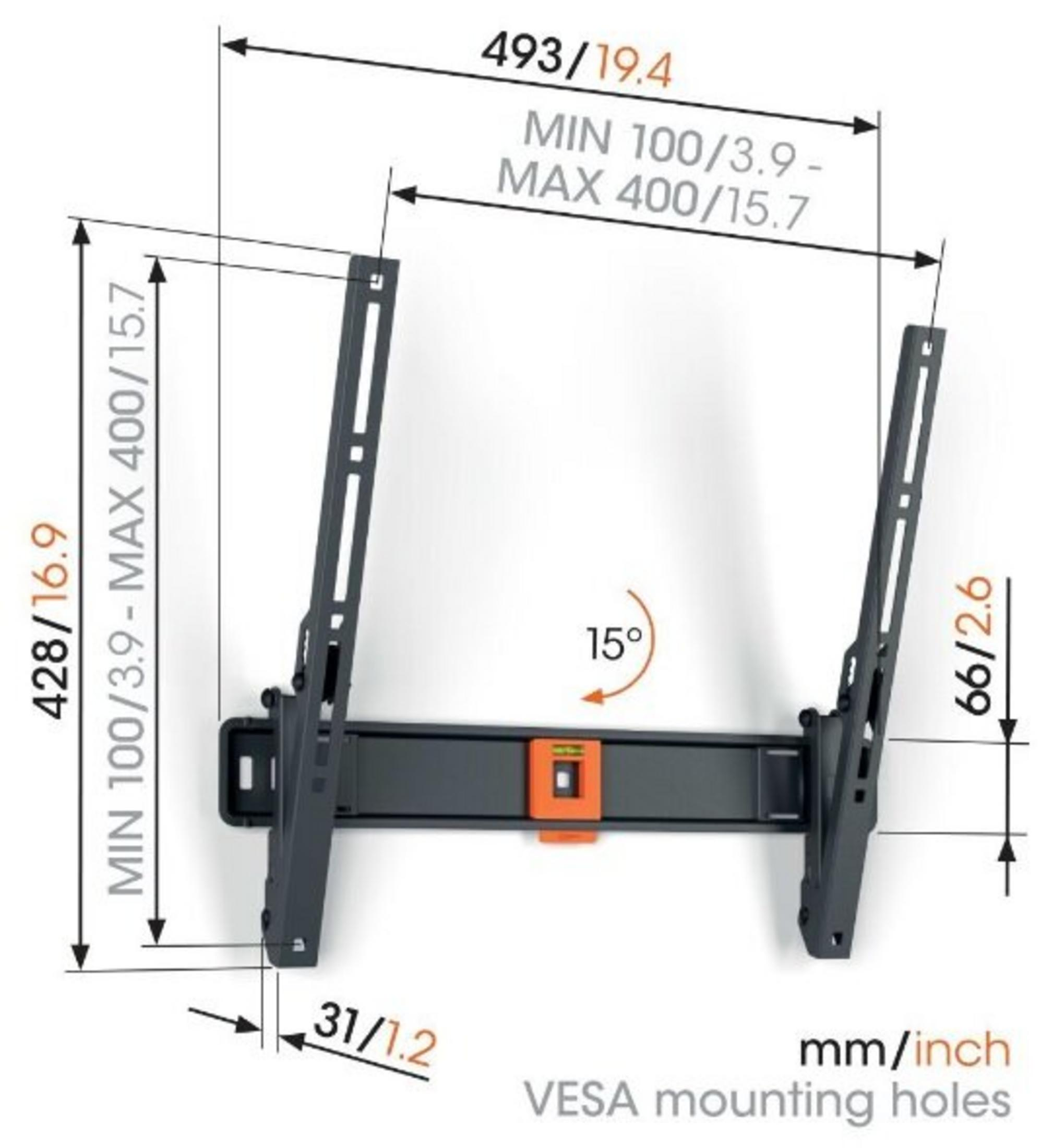 Schemat uchwytu VESA z wymiarami i oznaczeniami kąta.