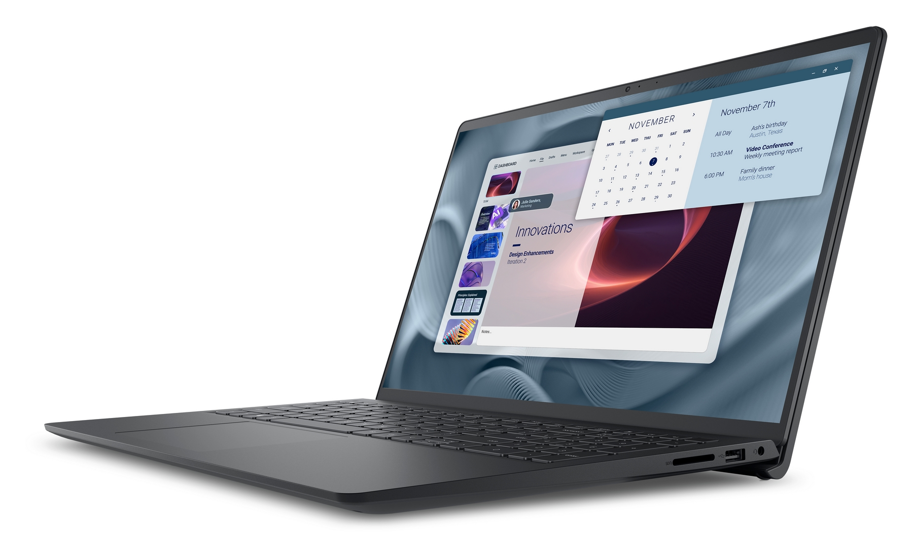 Un laptop grigio scuro mostra un calendario e una presentazione intitolata "Innovations" sullo schermo.