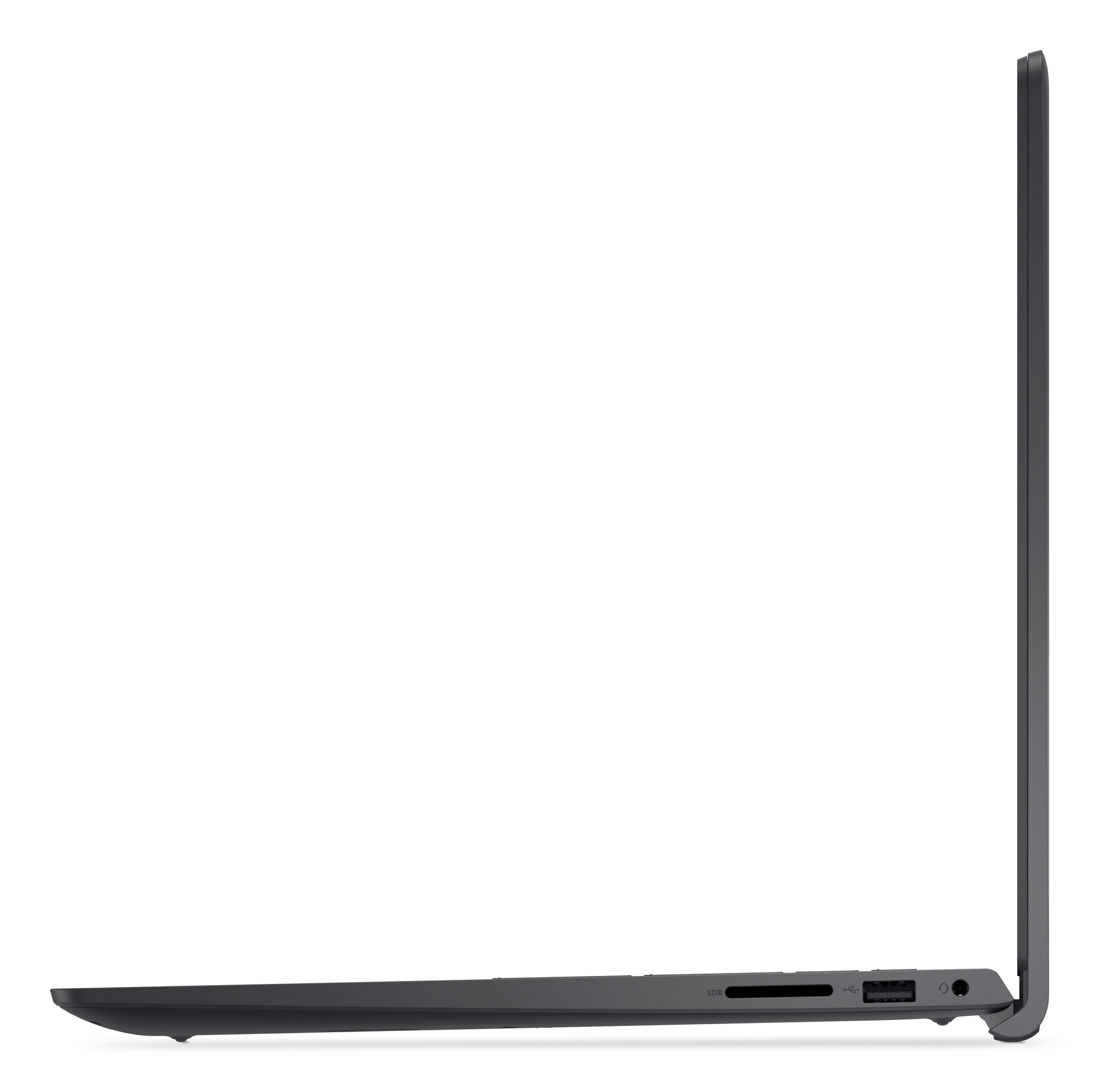 Vista laterale di un laptop grigio scuro, con porta USB, slot per schede SD e jack per cuffie.