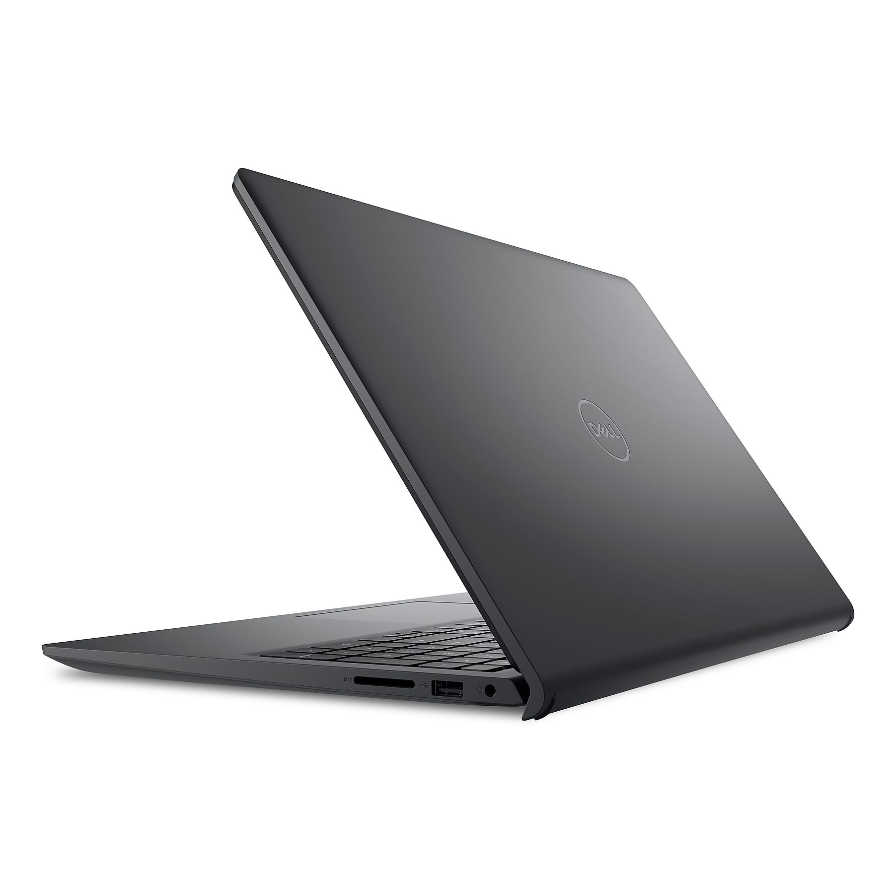 Un laptop chiuso e scuro su sfondo bianco. Il logo Dell è visibile sul coperchio.