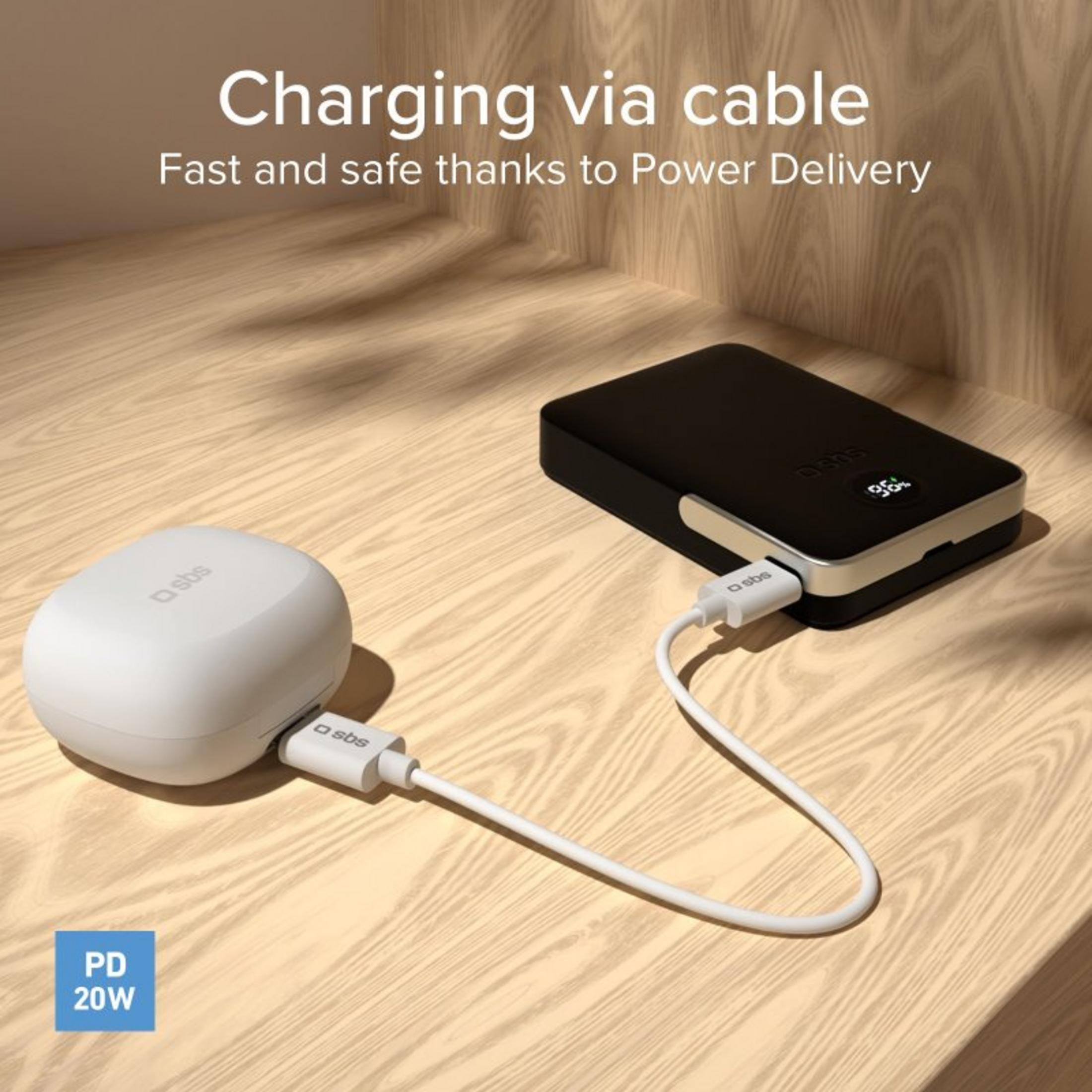 Custodia bianca per auricolari e power bank nera collegati da cavo bianco su legno.