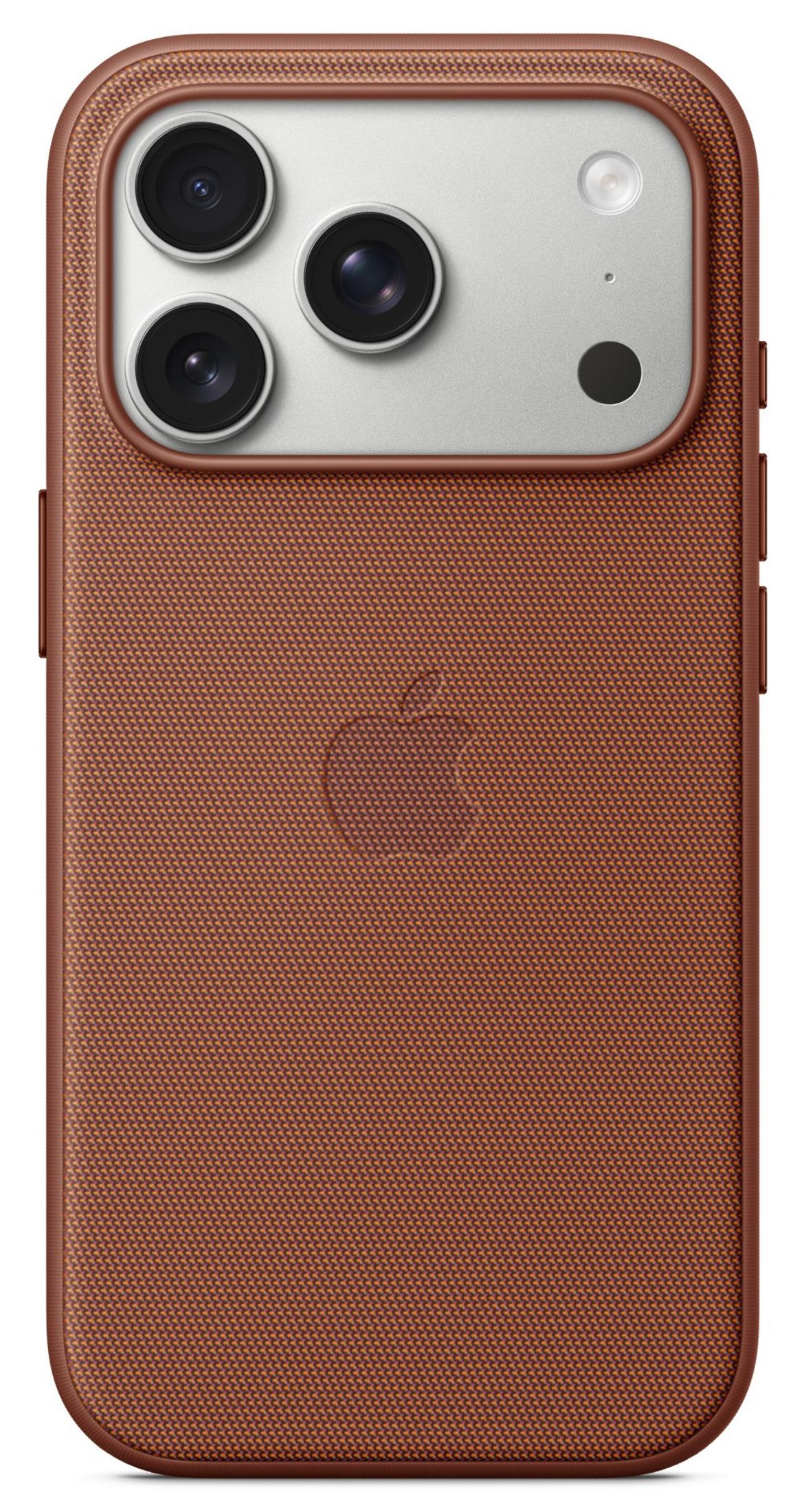 Custodia marrone per telefono con logo Apple e tripla fotocamera.
