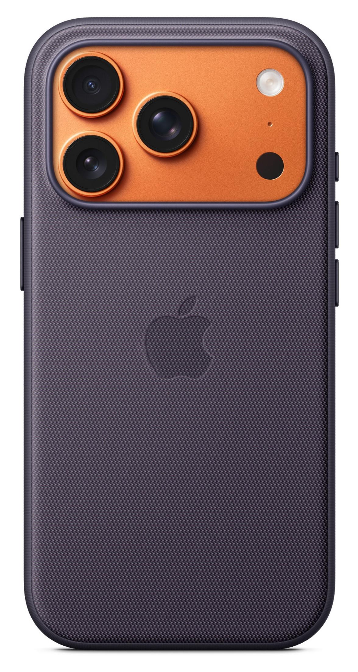 Custodia iPhone grigio scuro con modulo fotocamera arancione e tre lenti.