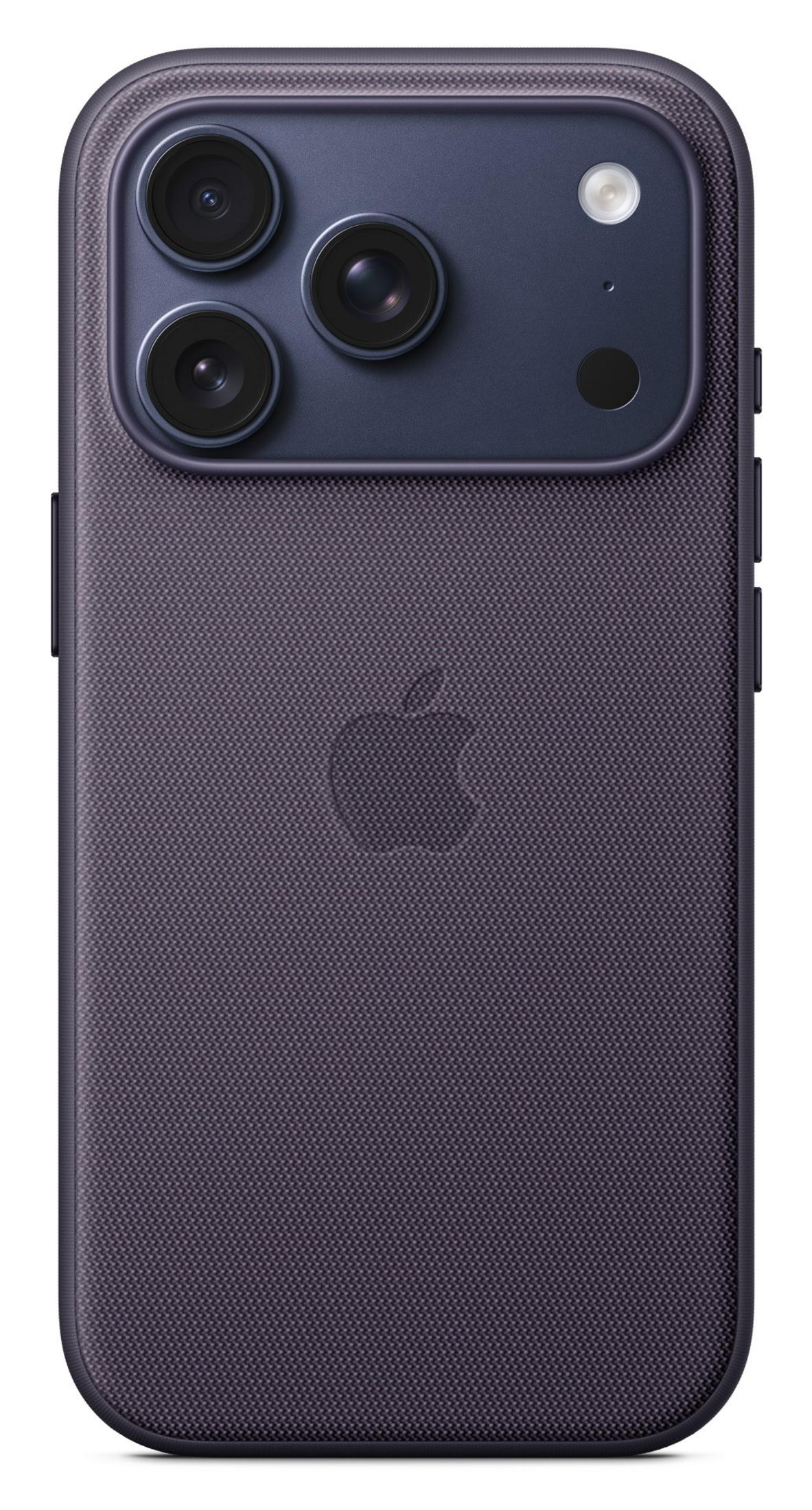 Retro di un iPhone viola scuro con tre fotocamere e un logo Apple.