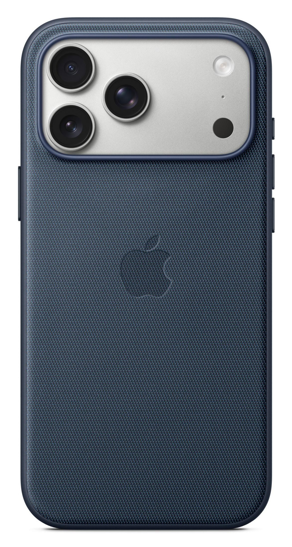 iPhone blu scuro con tripla fotocamera posteriore e logo Apple.