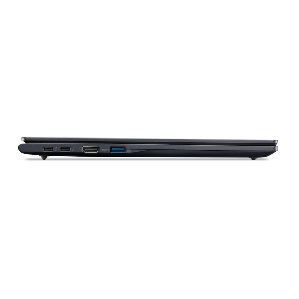 Vista laterale di un laptop scuro con porte USB-C, HDMI e slot per schede SD.