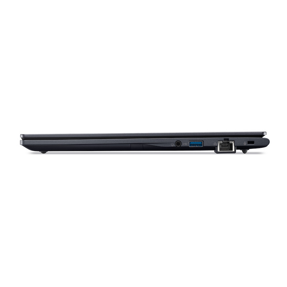 Vista laterale di un laptop grigio scuro che mostra le porte: audio, USB-A e Ethernet.