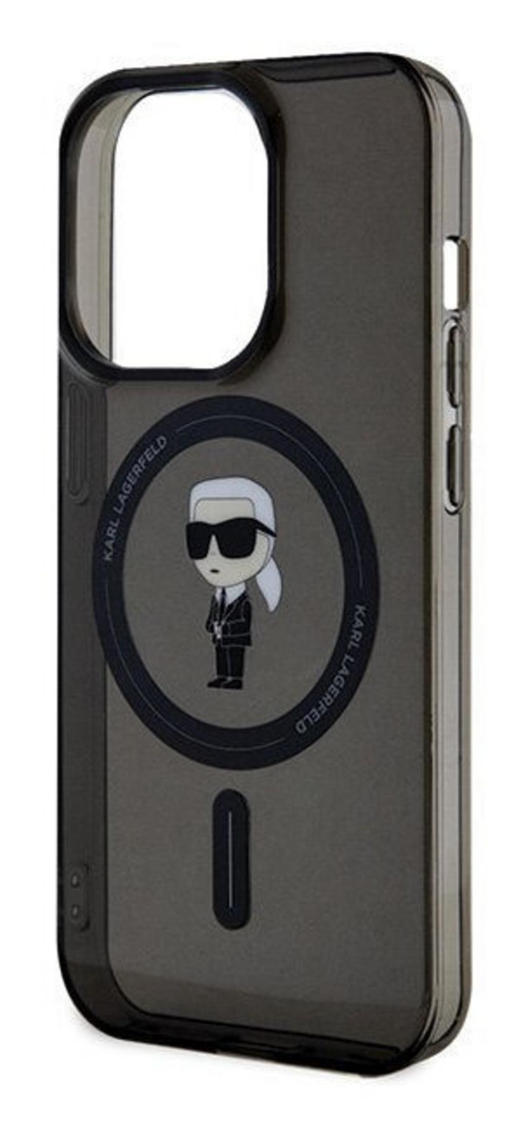 Eine schwarze, transluzente Handyhülle mit einem Cartoon-Karl-Lagerfeld-Design und Kreistext.