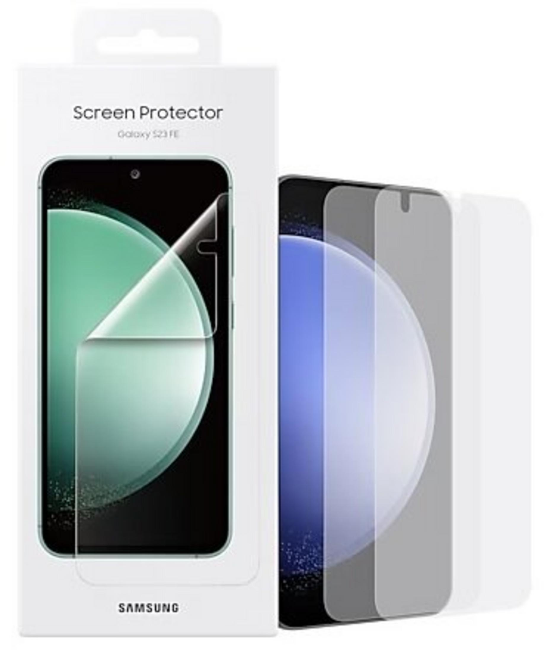 Protezione schermo Samsung per Galaxy S23 FE, una applicata e due altre.