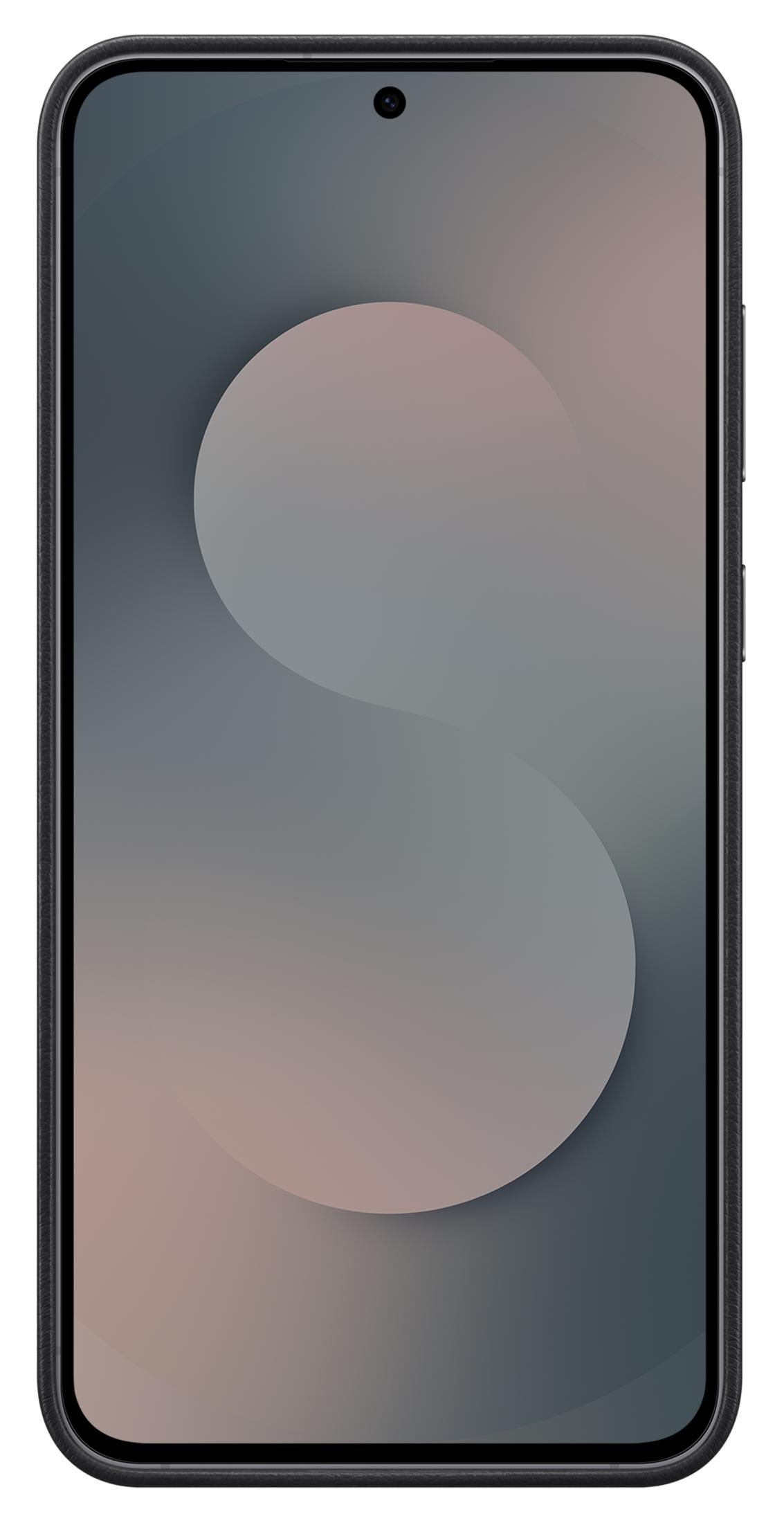 Ein schwarzes Smartphone mit einem stilisierten S-förmigen Hintergrund.
