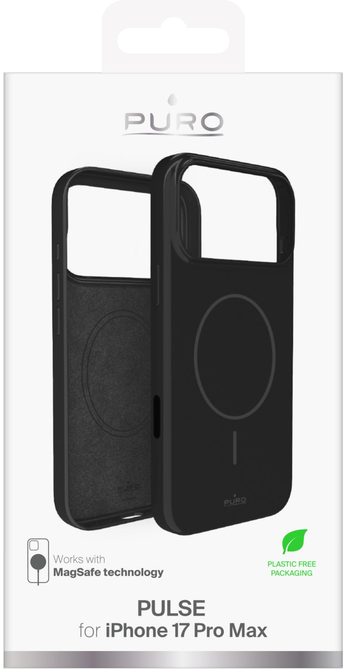 Custodia nera Puro per iPhone 17 Pro Max con tecnologia MagSafe sulla confezione.