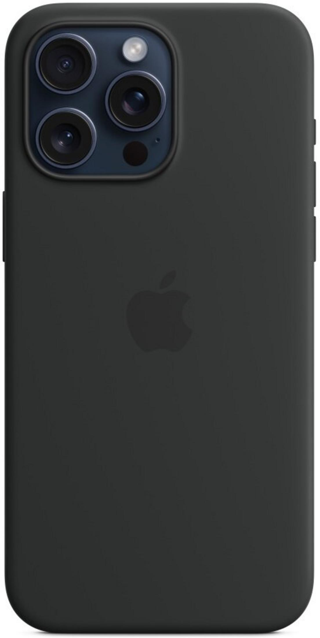 Custodia nera per telefono con logo Apple e lenti della fotocamera.