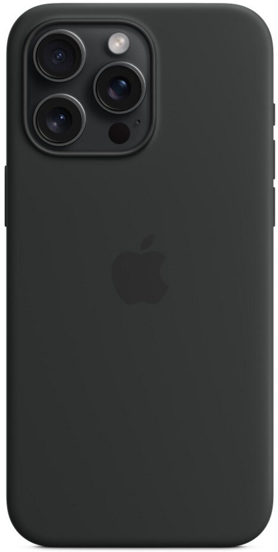 Una custodia nera per iPhone con logo Apple e tre obiettivi fotografici in alto.
