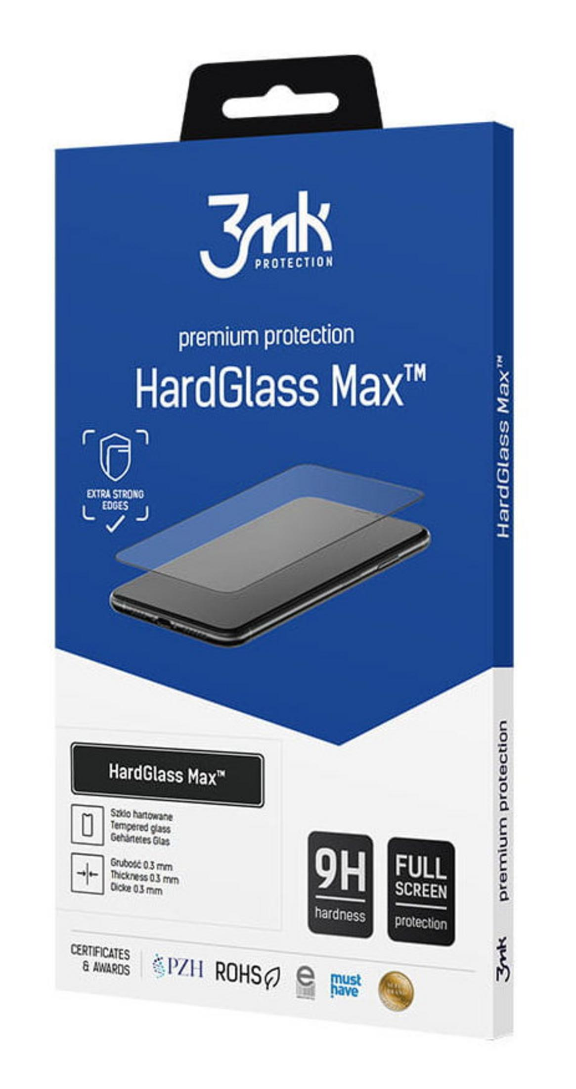 Confezione protettore schermo 3mk HardGlass Max con immagine smartphone. Durezza 9H.