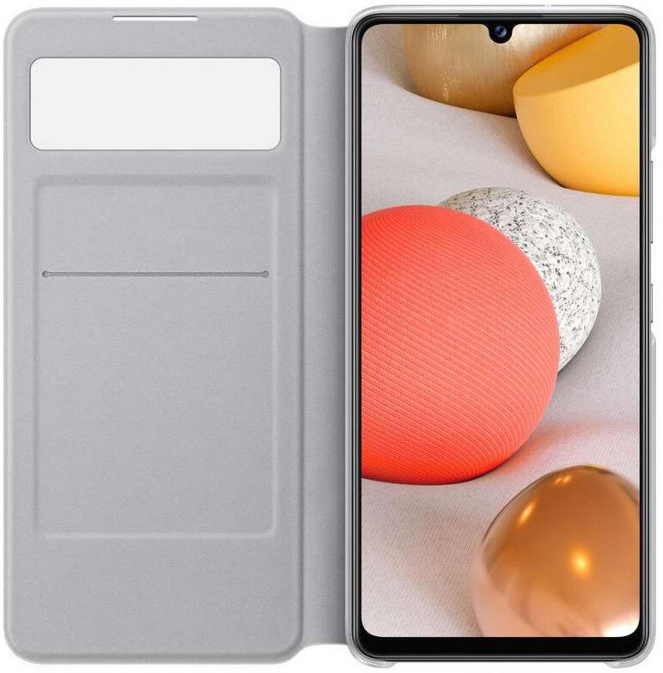 Graue Handyhülle mit Fenster, daneben ein Smartphone mit bunten Kugeln.