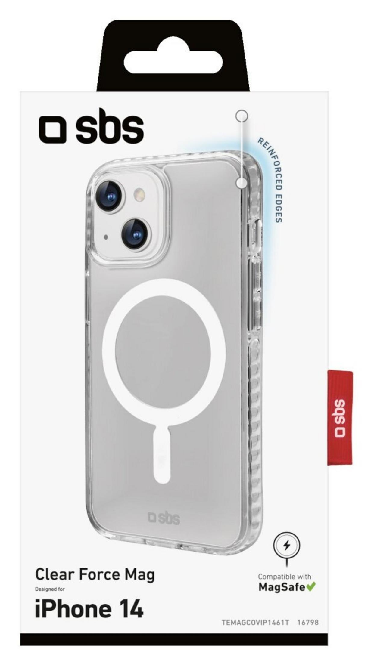 Transparente iPhone 14 Hülle mit MagSafe, verstärkten Kanten und SBS-Branding.