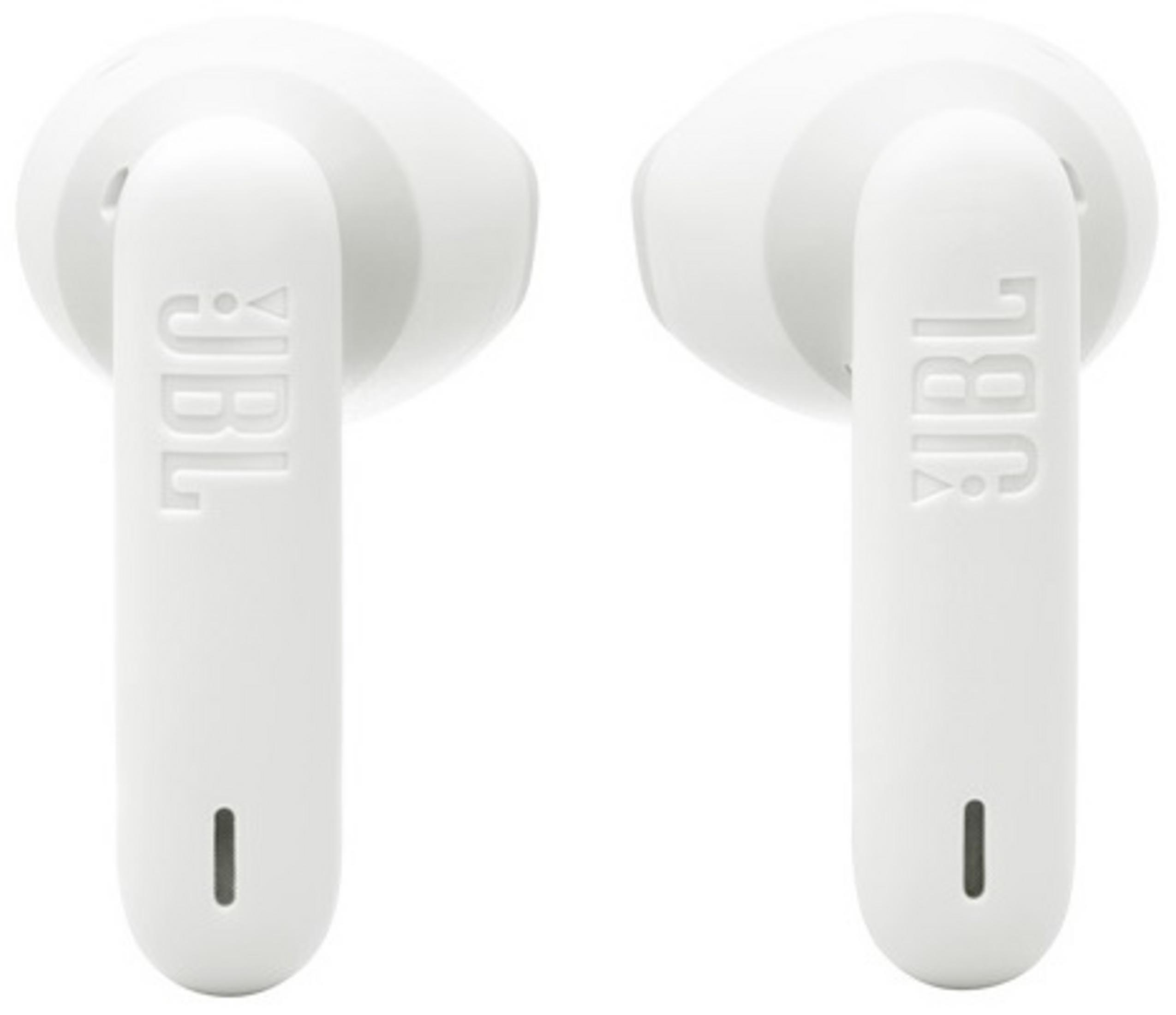 Dos auriculares JBL blancos uno al lado del otro sobre fondo blanco.