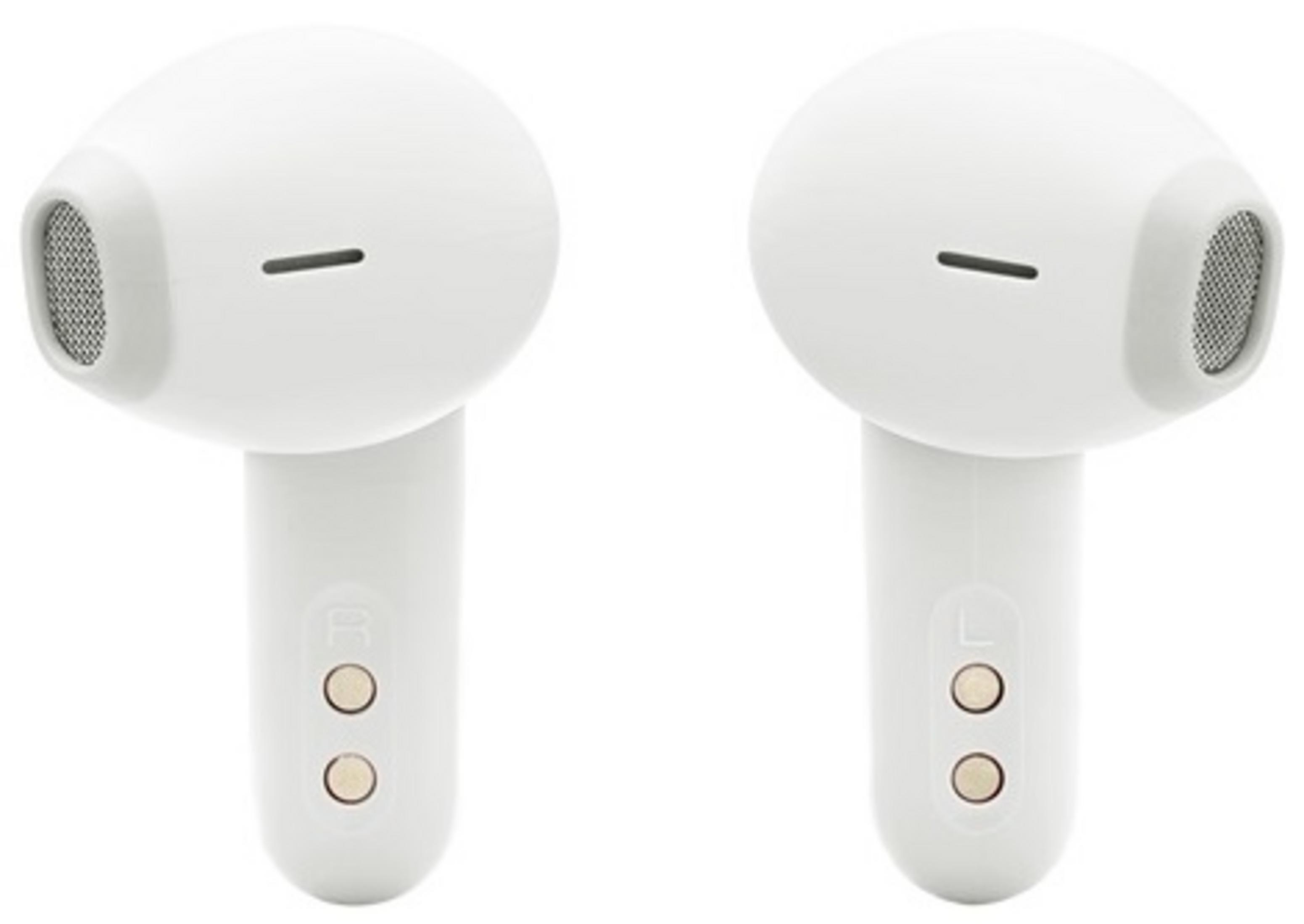 Dos auriculares inalámbricos blancos, izquierdo y derecho, con contactos de carga.