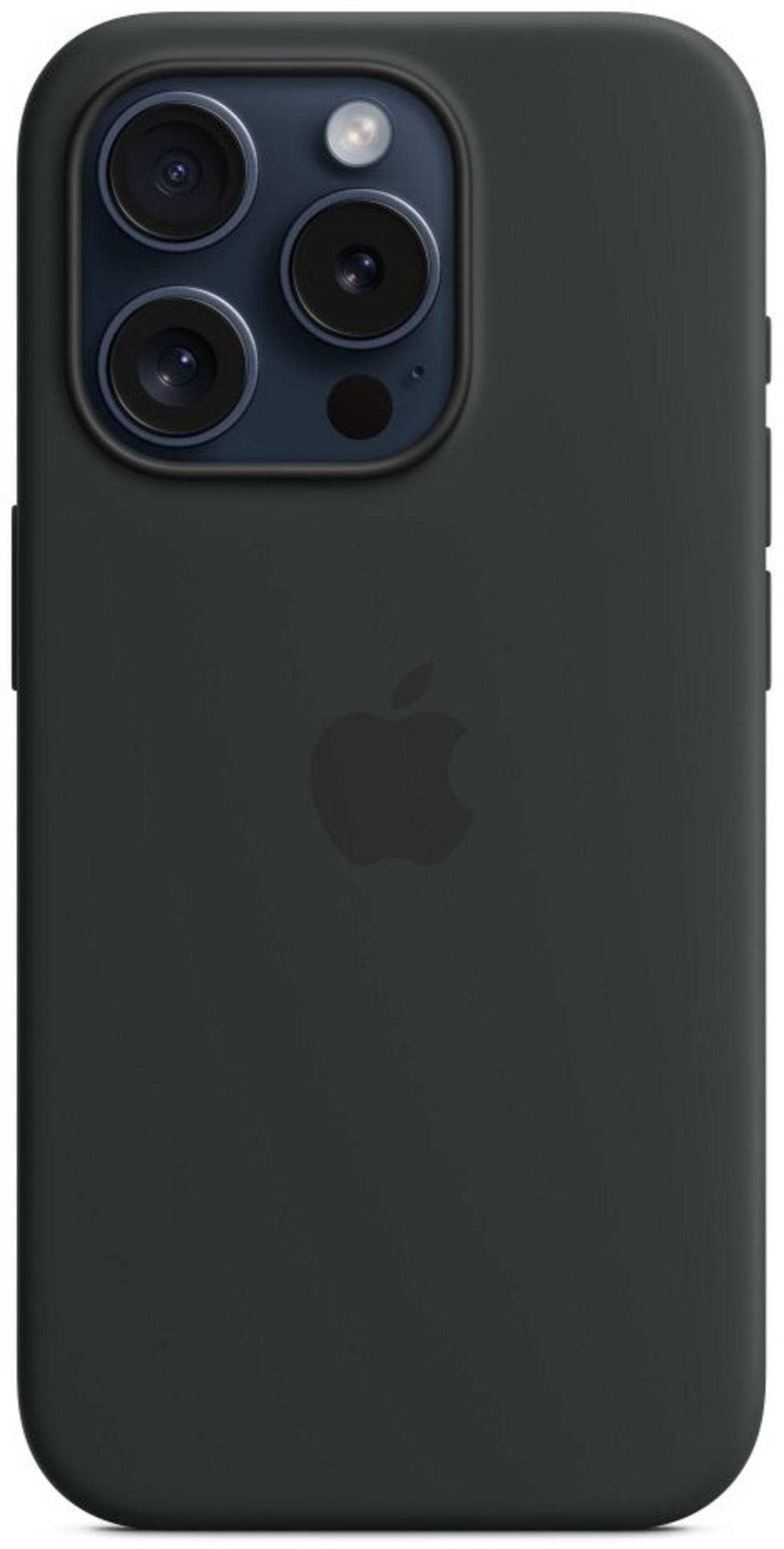 Back of a black iPhone with triple camera and Apple logo.