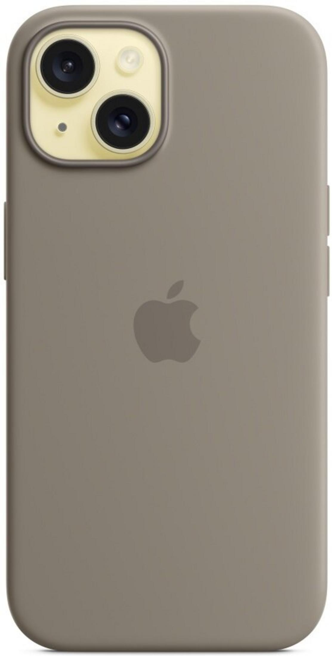 Brązowe etui na iPhone z podwójnym aparatem i logo Apple.