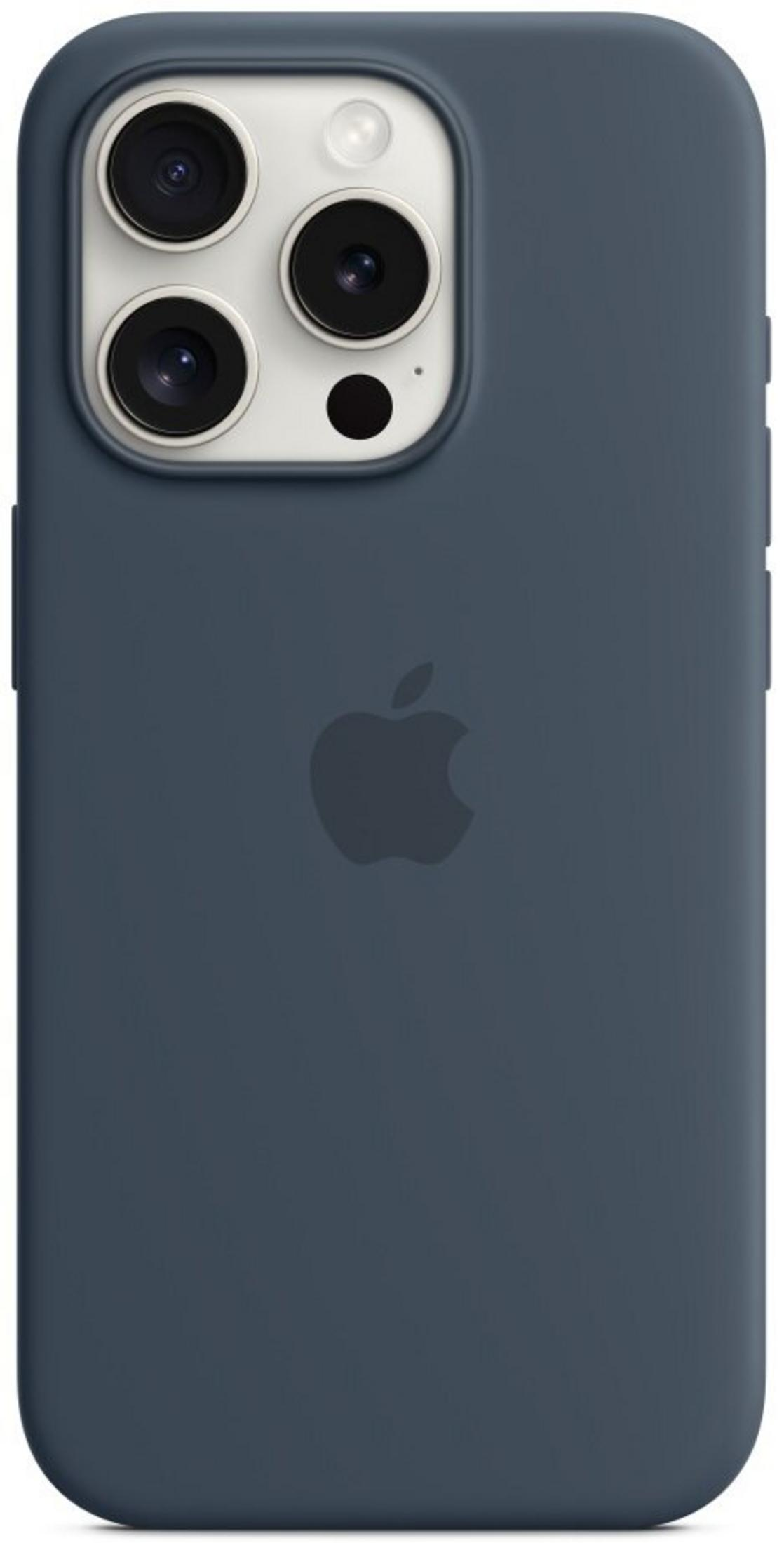 Dunkelblaues iPhone-Hülle mit Apple-Logo und dreifacher Kamera.