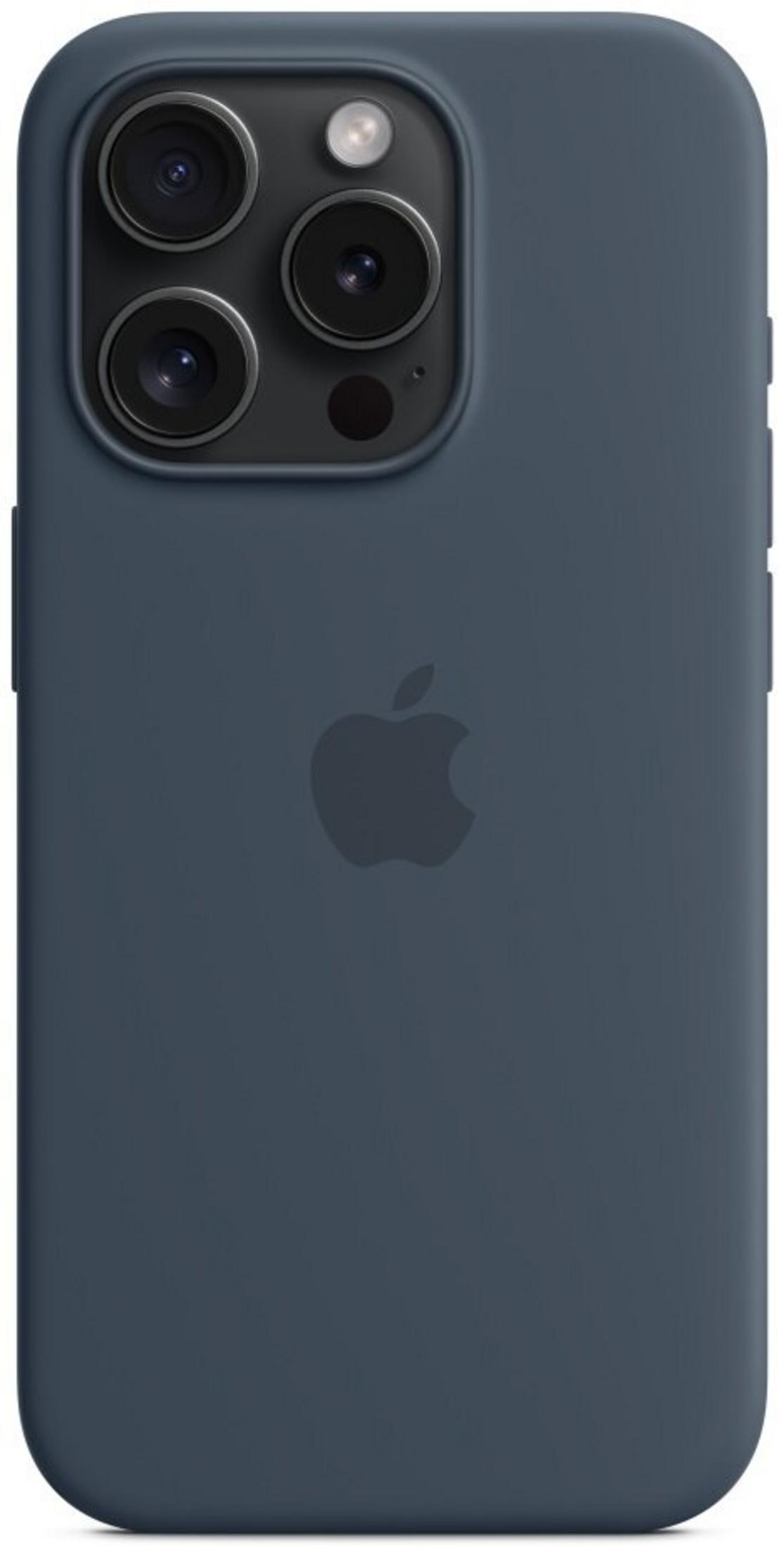 Eine dunkelblaue iPhone 13 Pro Handyhülle mit Apple-Logo und Kamerabeule.