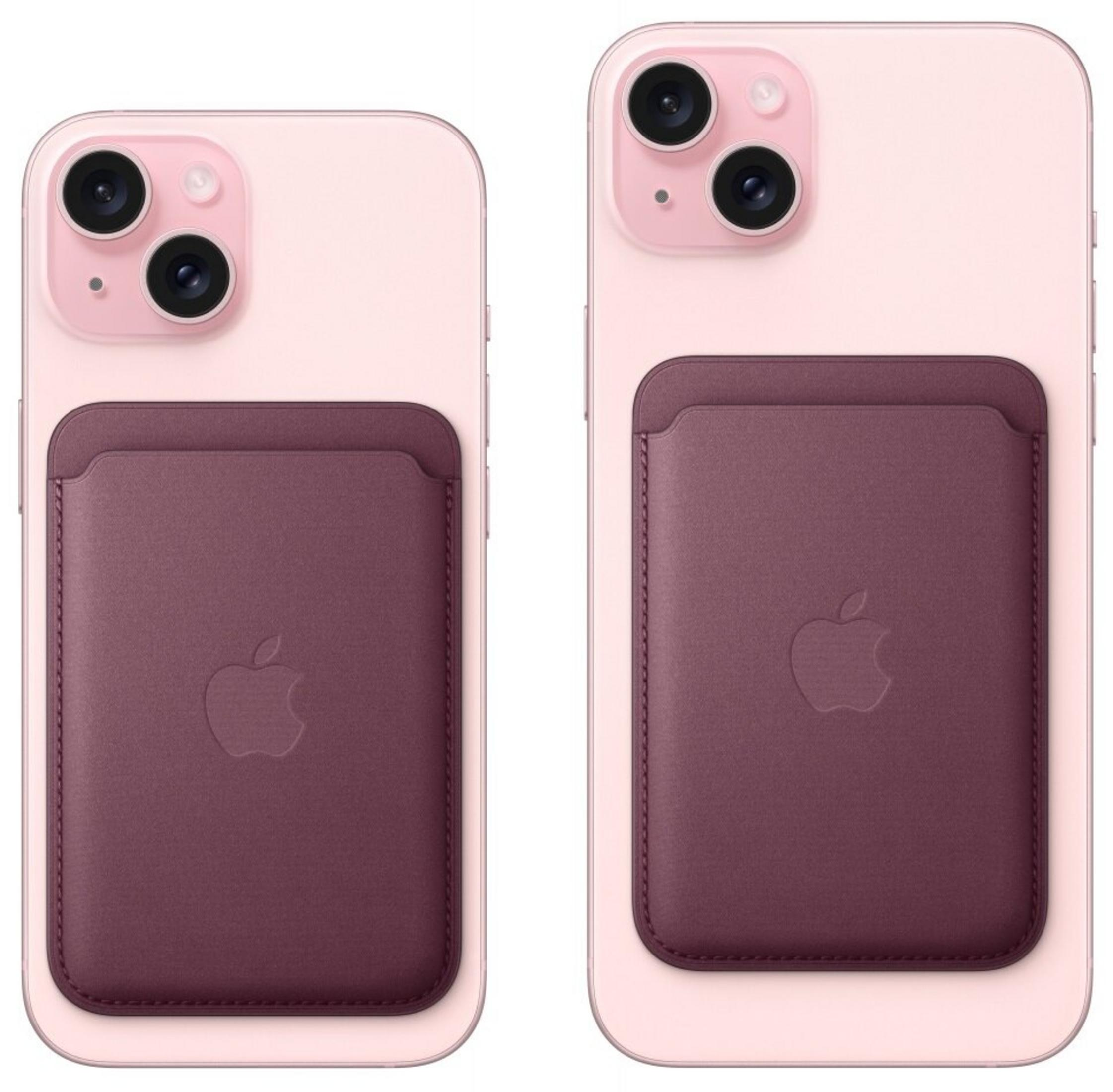 Two pink iPhones with burgundy MagSafe wallet attachments on the back.