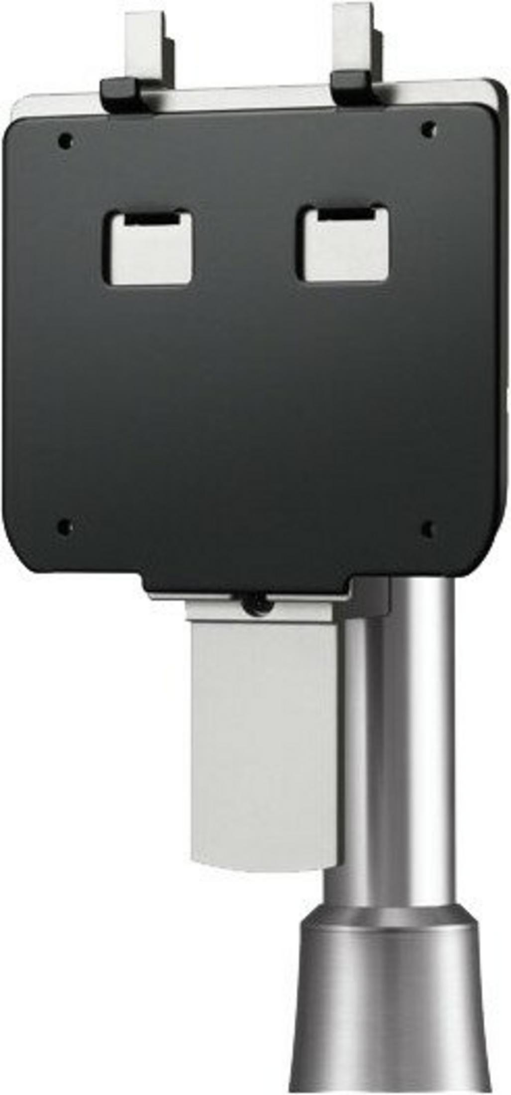 Un dispositivo rectangular negro con poste y base de metal plateado.